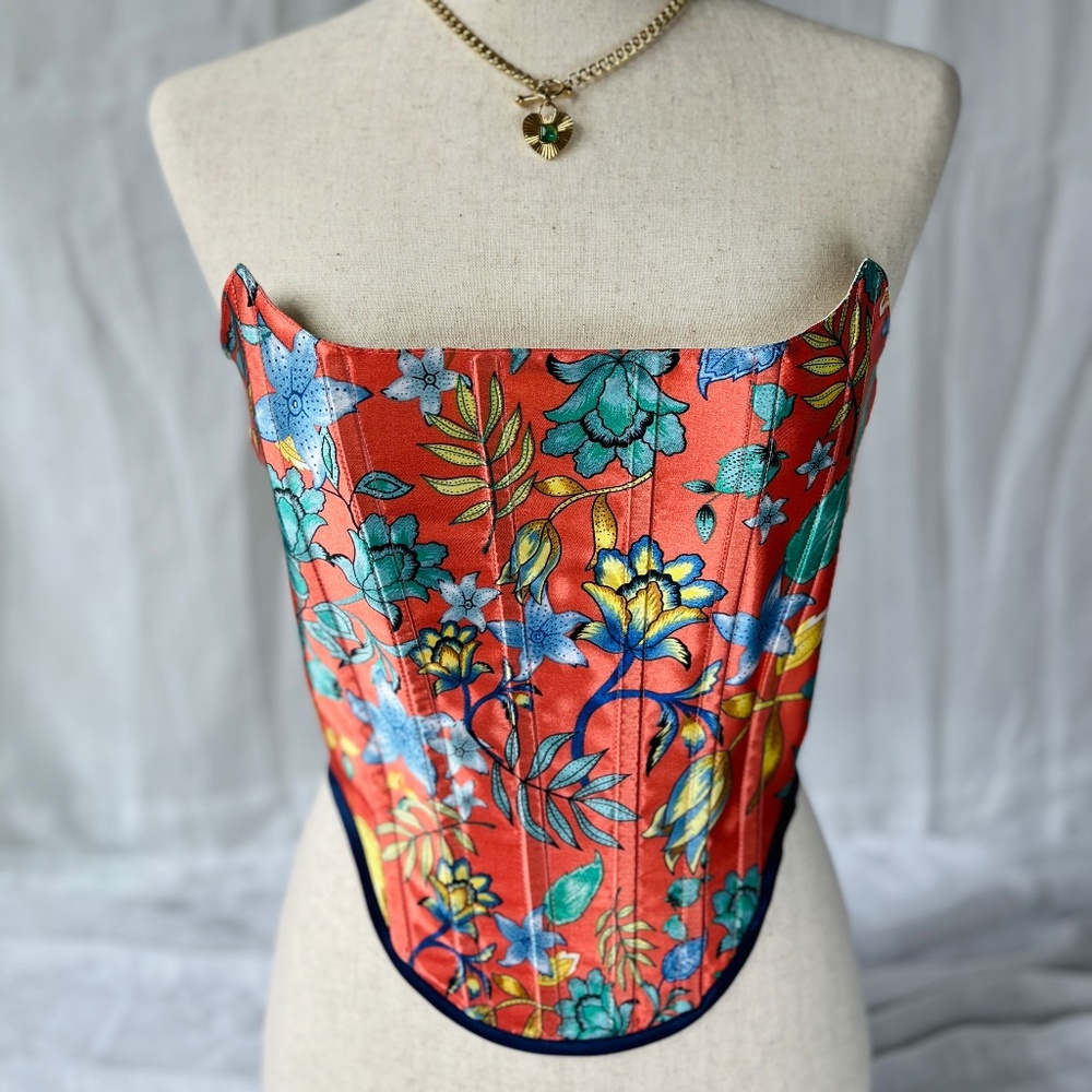Strapless Peach Silk Corset Top - Handmade Floral Corset for Women